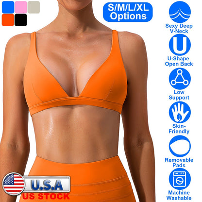 Women's Deep V-Neck Sports Bra — Bright Orange