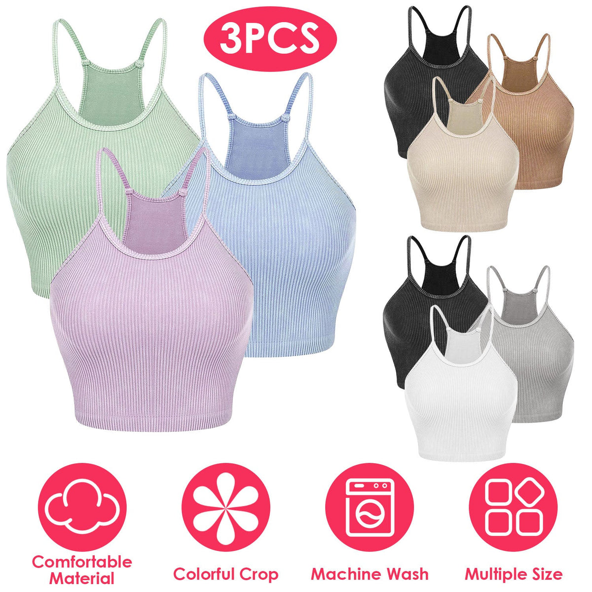 3-Pack Women's Crop Tank Tops — Black / Mocha / Cream
