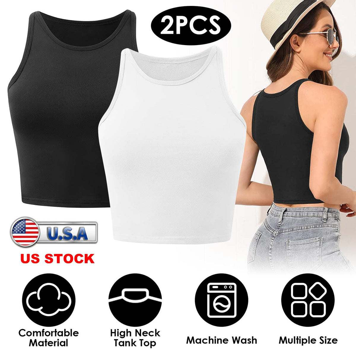 Women's Cropped Racer-Back Tank (2-Pack) — Black / White