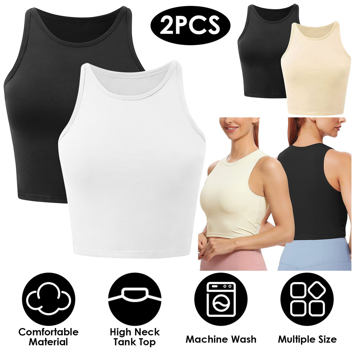 Women's Cropped Racer-Back Tank (2-Pack) — Black / White