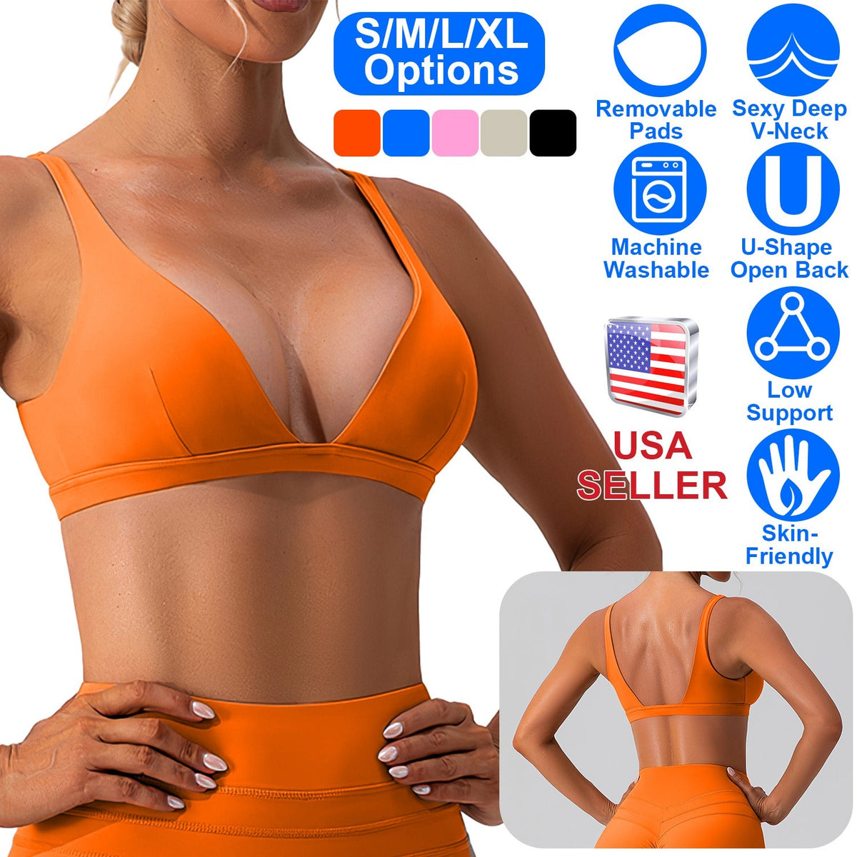 Women's Deep V-Neck Sports Bra — Bright Orange