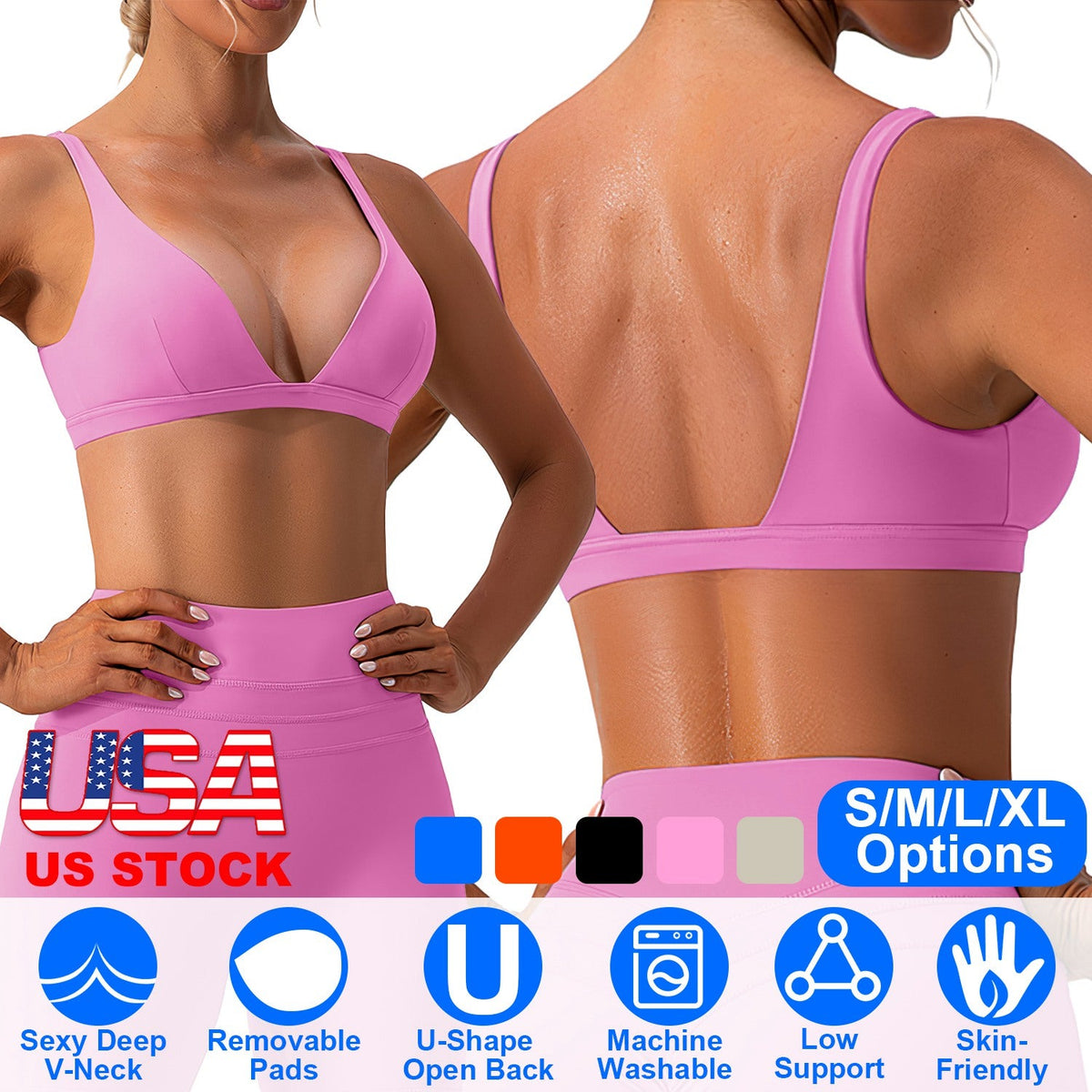 Women's Deep V-Neck Sports Bra — Light Pink