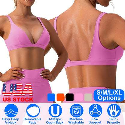 Women's Deep V-Neck Sports Bra — Light Pink