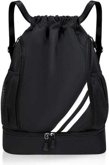 Ball Bag Drawstring Backpack, Sports Gym Bag with Shoes Compartment Side Mesh Pockets for Teens Women Men, Water Resistant String Bag