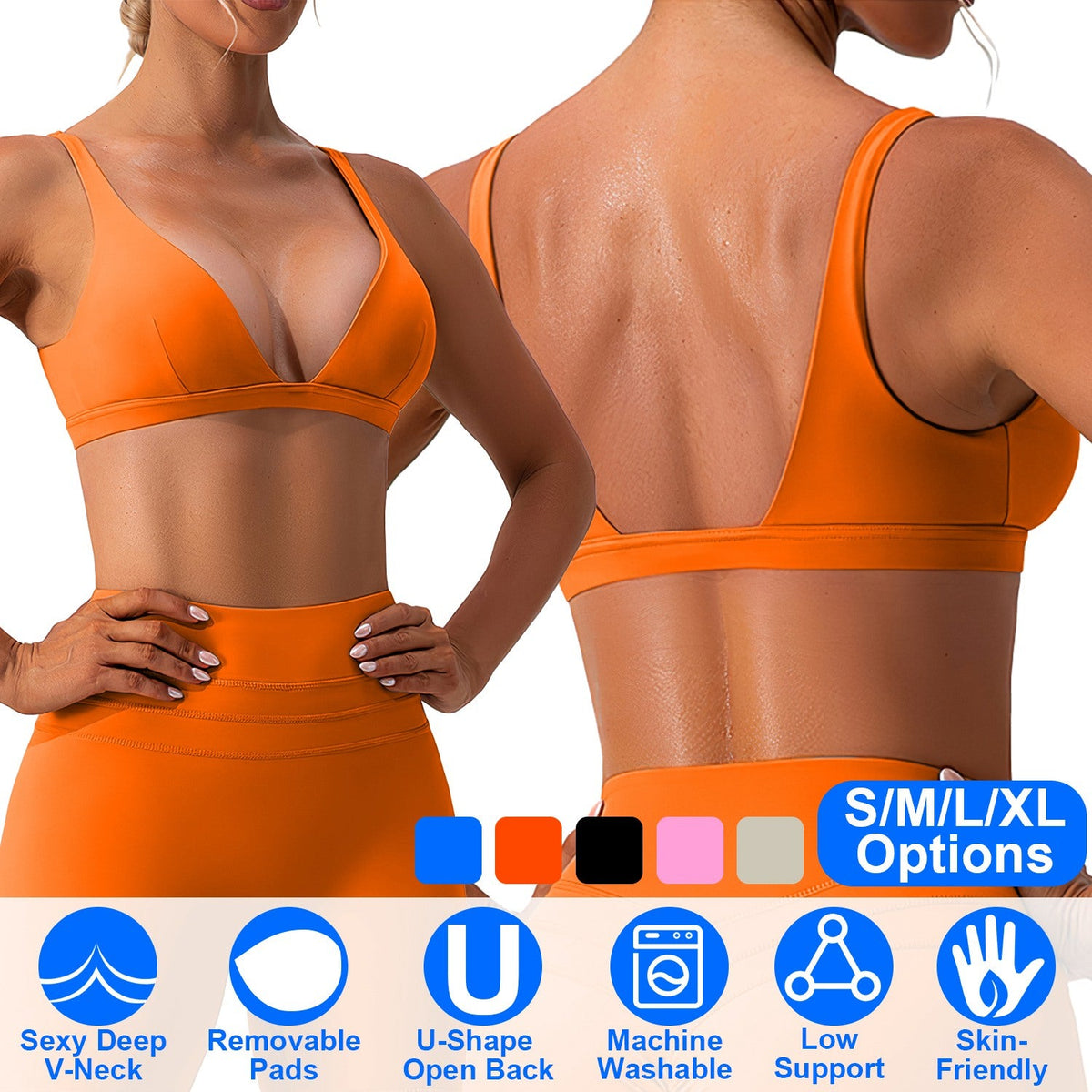 Women's Deep V-Neck Sports Bra — Bright Orange