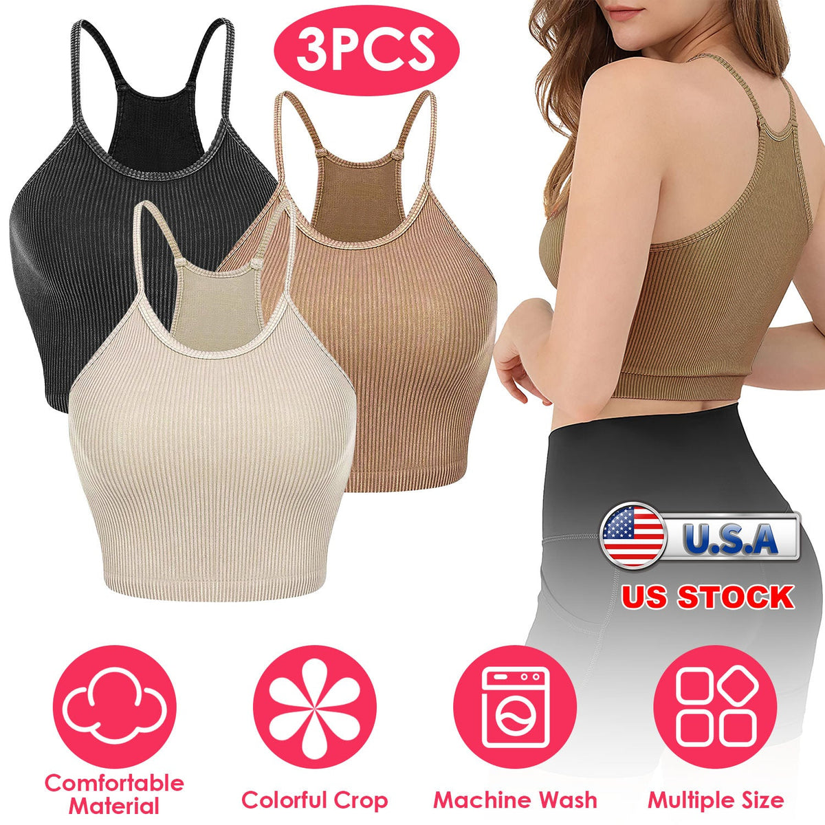 3-Pack Women's Crop Tank Tops — Black / Mocha / Cream