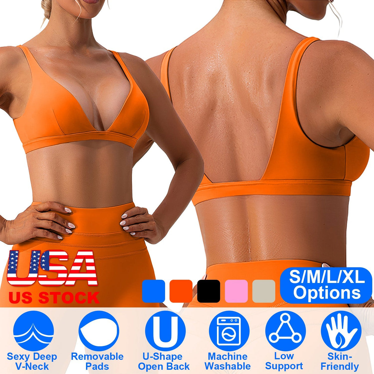 Women's Deep V-Neck Sports Bra — Bright Orange