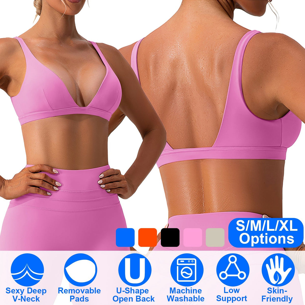 Women's Deep V-Neck Sports Bra — Light Pink