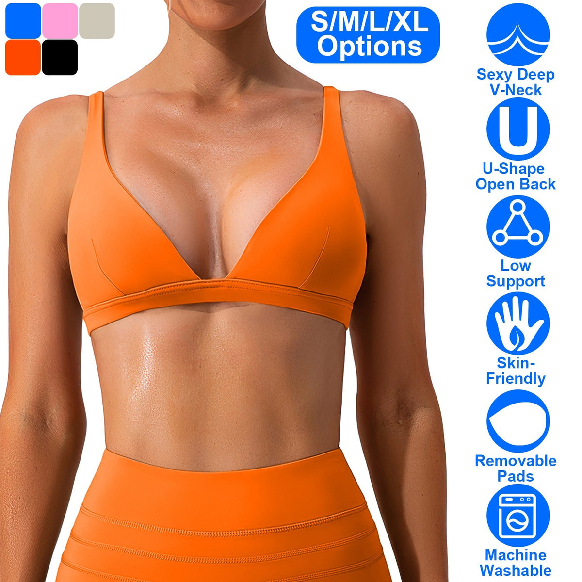 Women's Deep V-Neck Sports Bra — Bright Orange