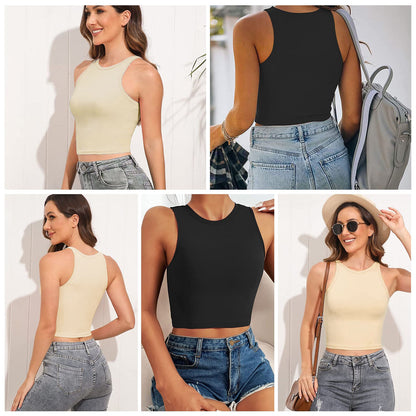 Women's Cropped Racer-Back Tank (2-Pack) — Black / Beige