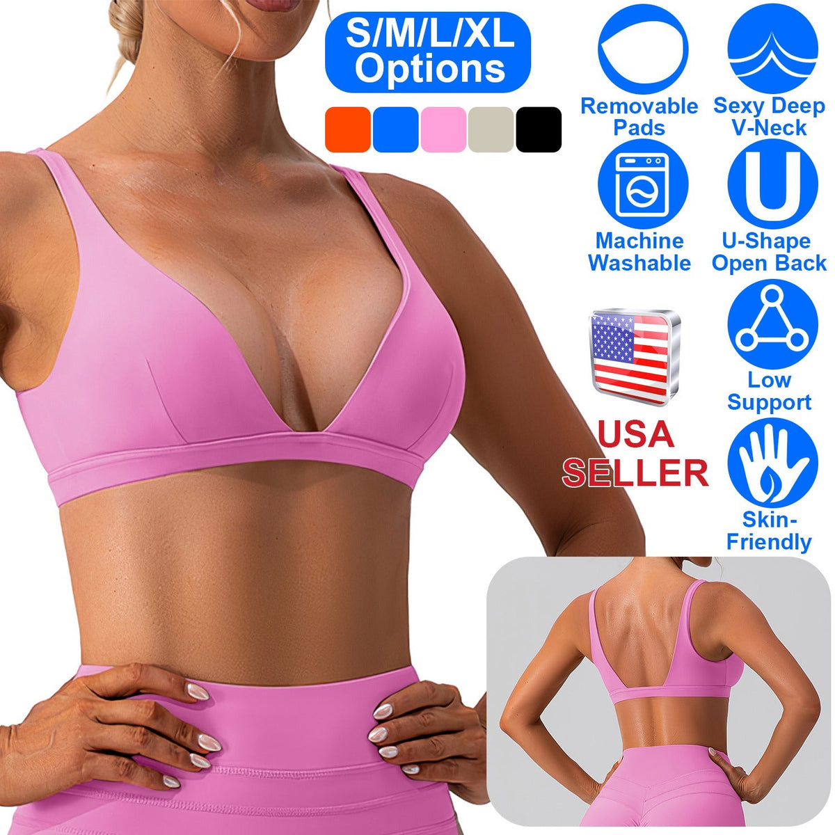Women's Deep V-Neck Sports Bra — Light Pink