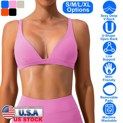 Women's Deep V-Neck Sports Bra — Light Pink